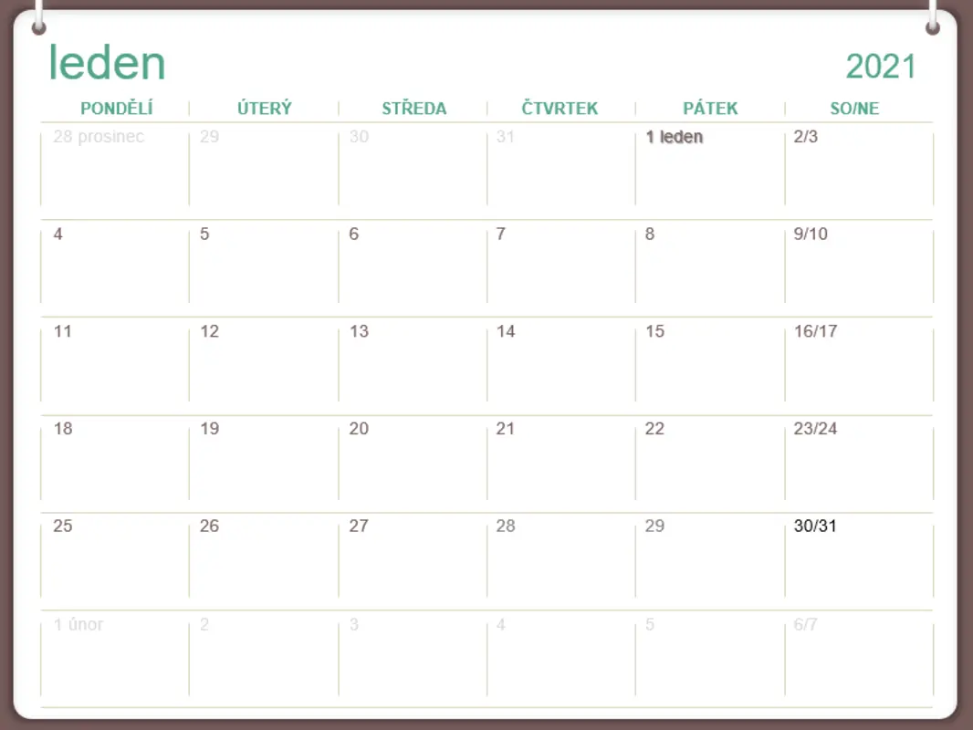 Klasický nástěnný kalendář (pondělí–neděle, design s dvěma kroužky) green modern-simple