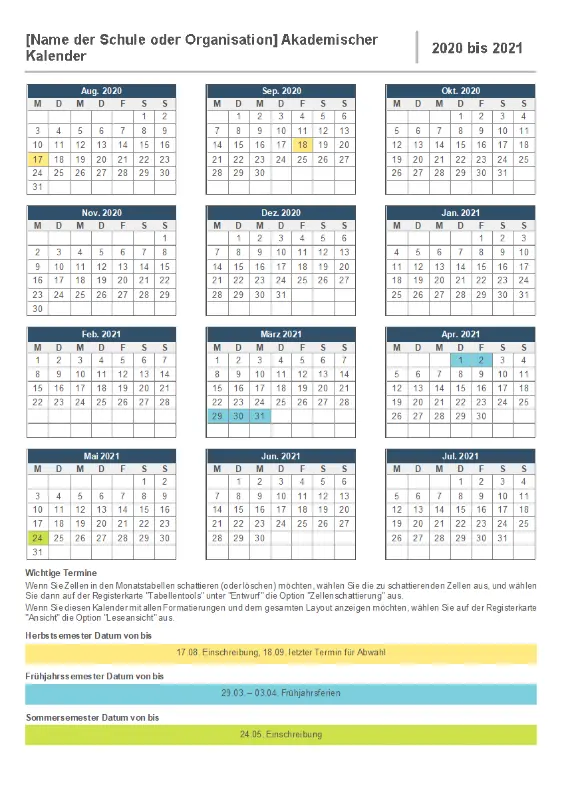 Akademischer Jahreskalender blue modern-simple