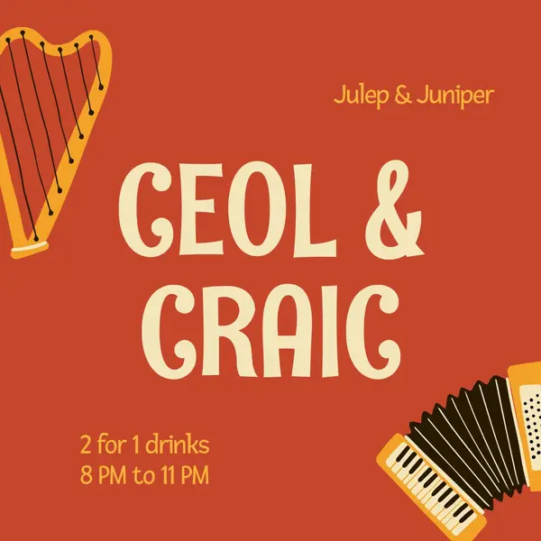 Come to Ceol and Craic party Red whimsical, fun, instruments, bold, retro, graphic