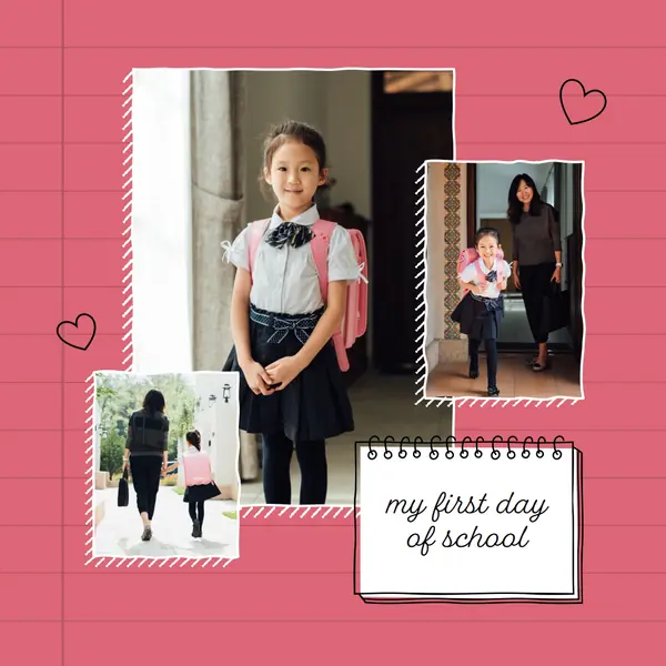 My first day at school Pink whimsical, playful, school, collage, overlapping, asymmetrical