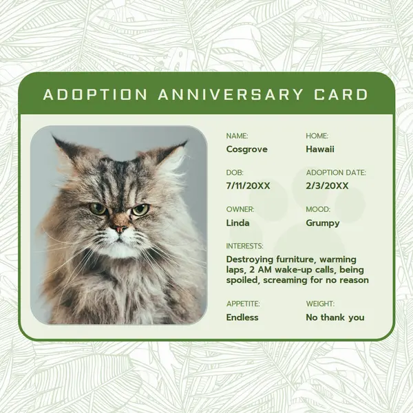Adoption anniversary card Green Botanical, Cat, License