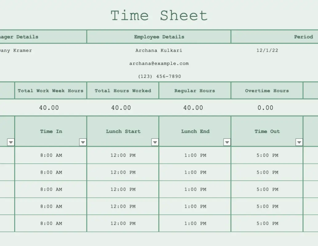 Timesheet (worksheet) green modern simple