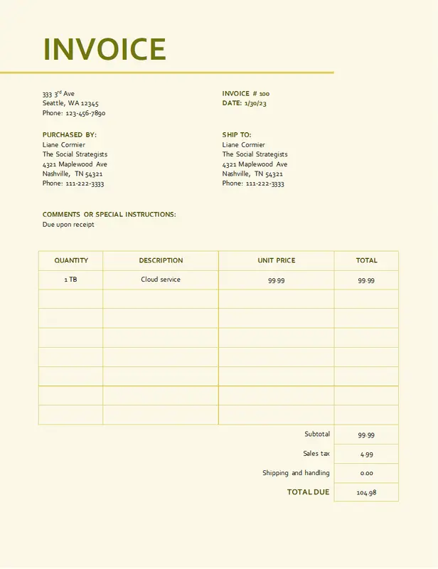 Basic invoice with sales tax yellow modern simple