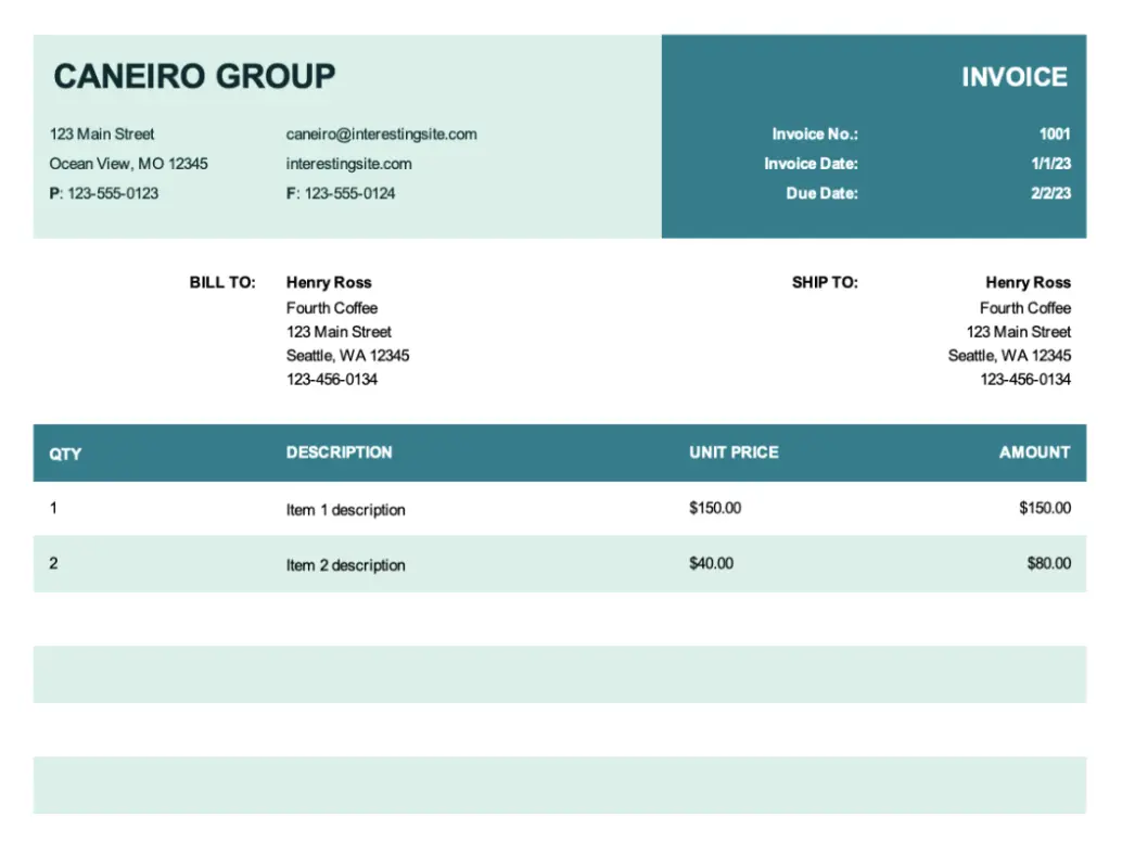 Basic invoice with unit price blue modern simple