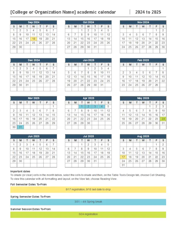 Academic year calendar blue modern-simple
