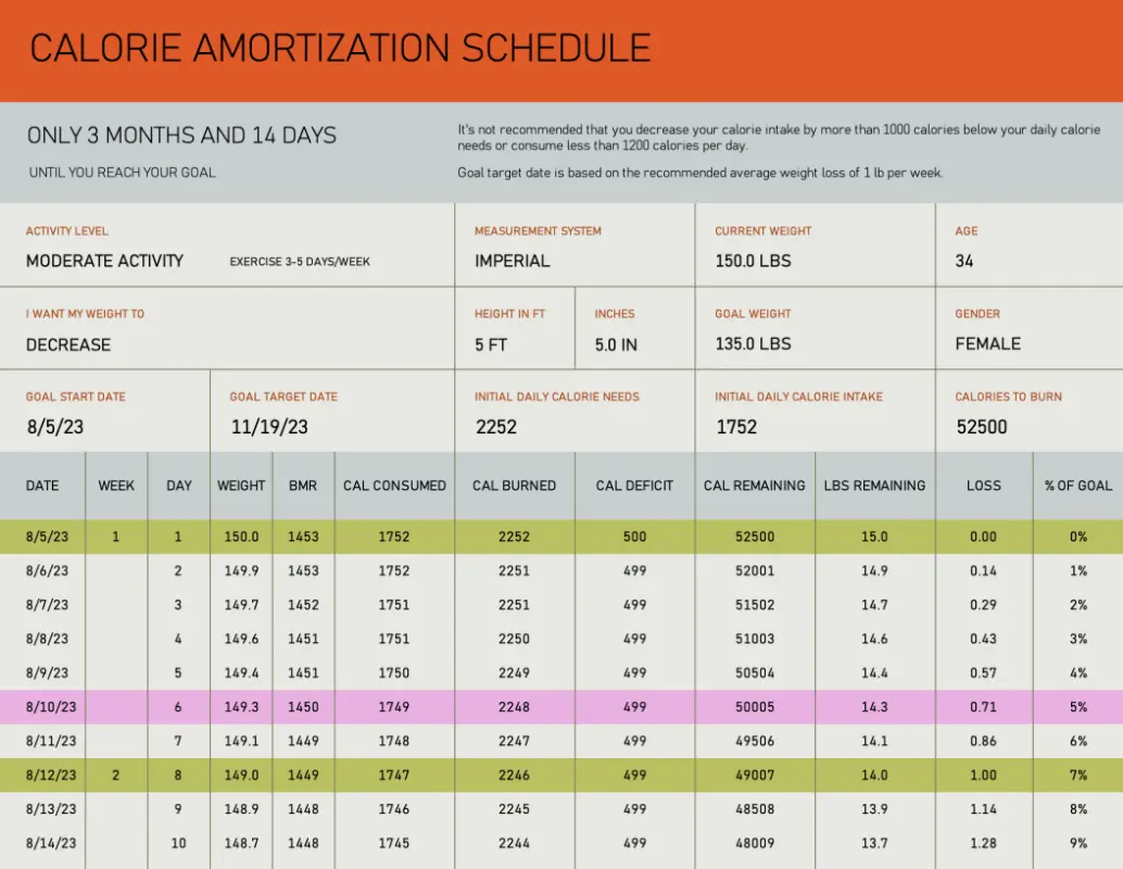 Calorie amortization schedule yellow modern-simple