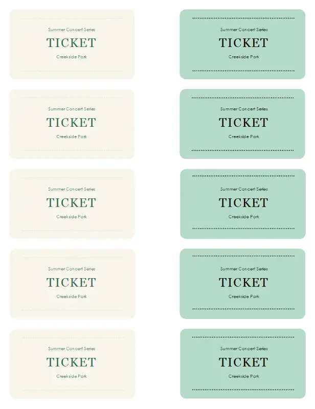 Event tickets (ten per page) green modern simple