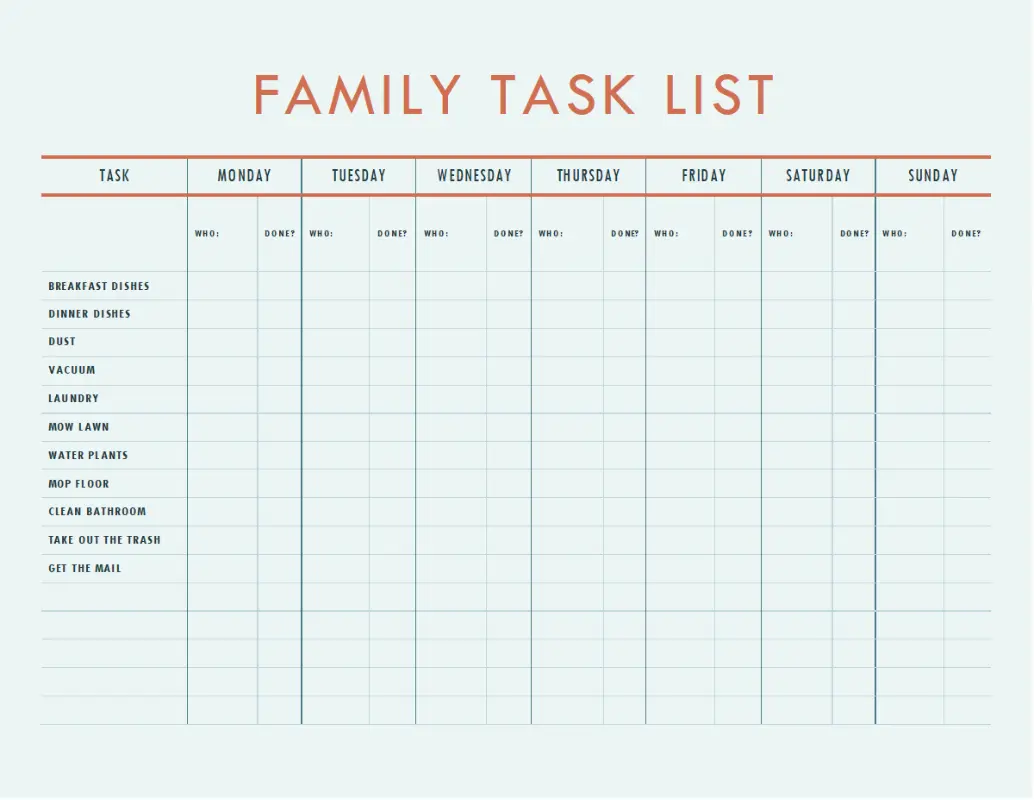 Family chore chart blue modern simple