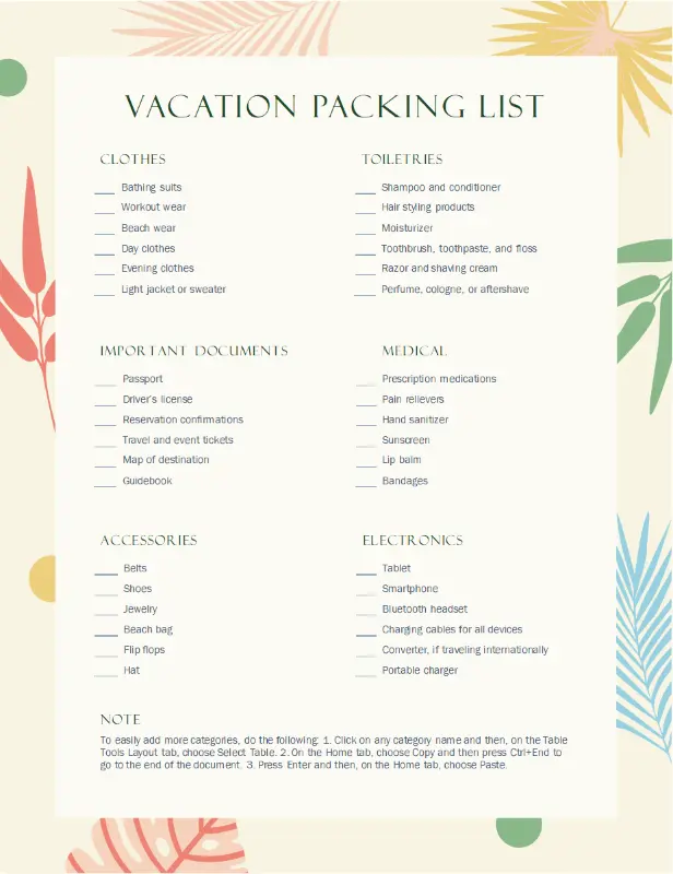 Vacation packing list yellow organic simple