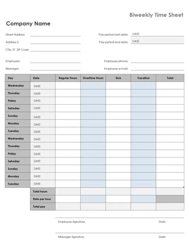 Biweekly timesheet with sick leave and vacation gray modern simple