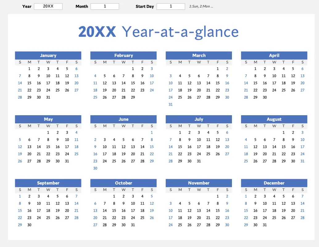Any year at a glance calendar (landscape) blue modern-simple