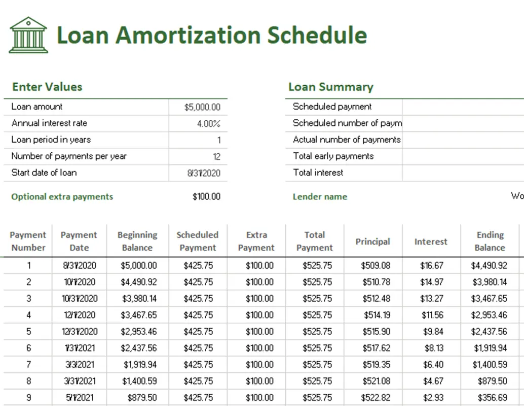 Loan amortization schedule green modern-simple