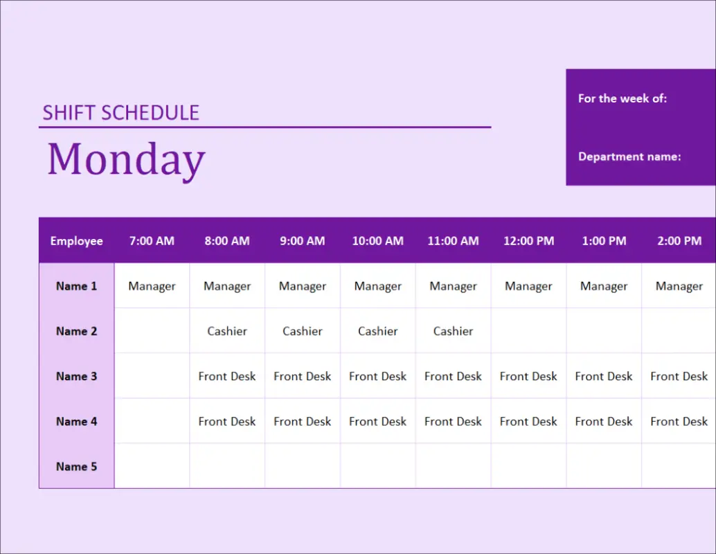 Employee shift schedule purple modern simple