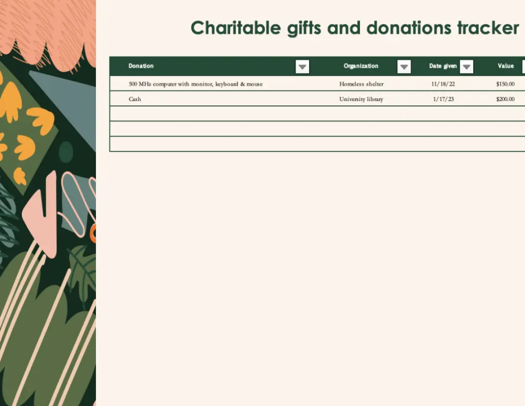 Charitable gifts and donations tracker green organic boho