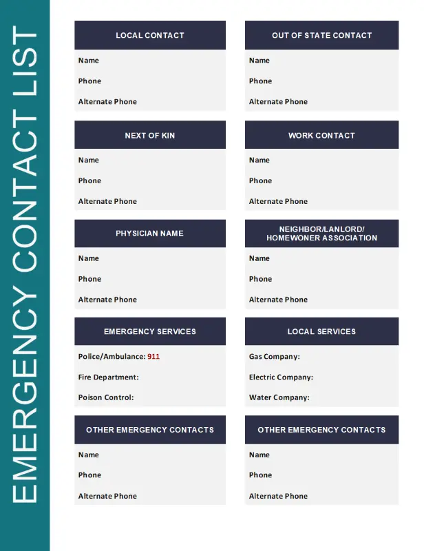 Emergency contact list blue modern simple