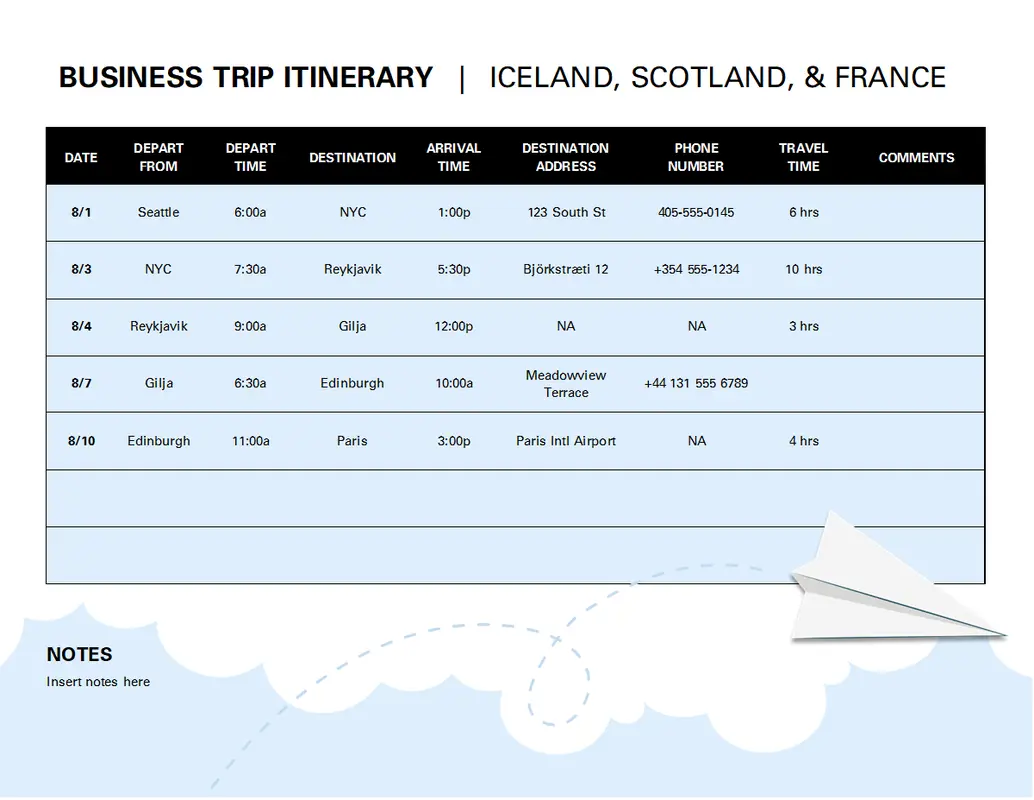 Business trip itinerary blue modern simple