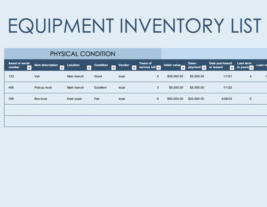 Equipment inventory list blue modern simple