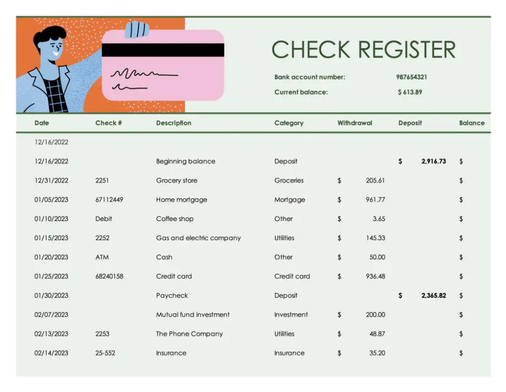 Check register with chart green modern simple