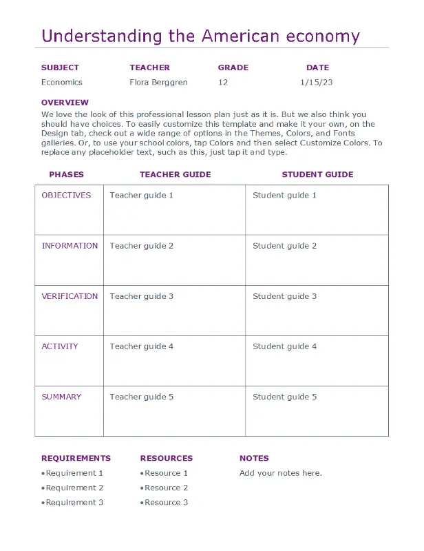 Daily lesson planner (color) purple modern simple
