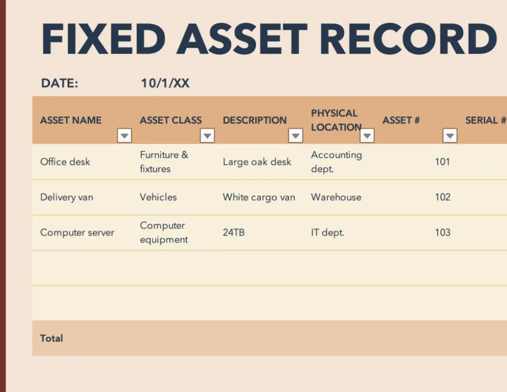 Fixed asset record with depreciation orange modern bold