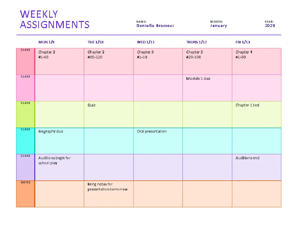 Weekly assignment sheet (color, landscape) blue modern simple