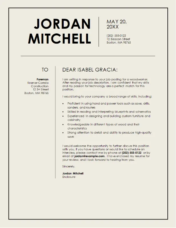 Construction work cover letter grey modern bold