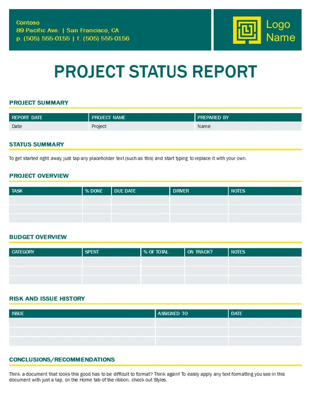 Project status report (Timeless design) green modern simple