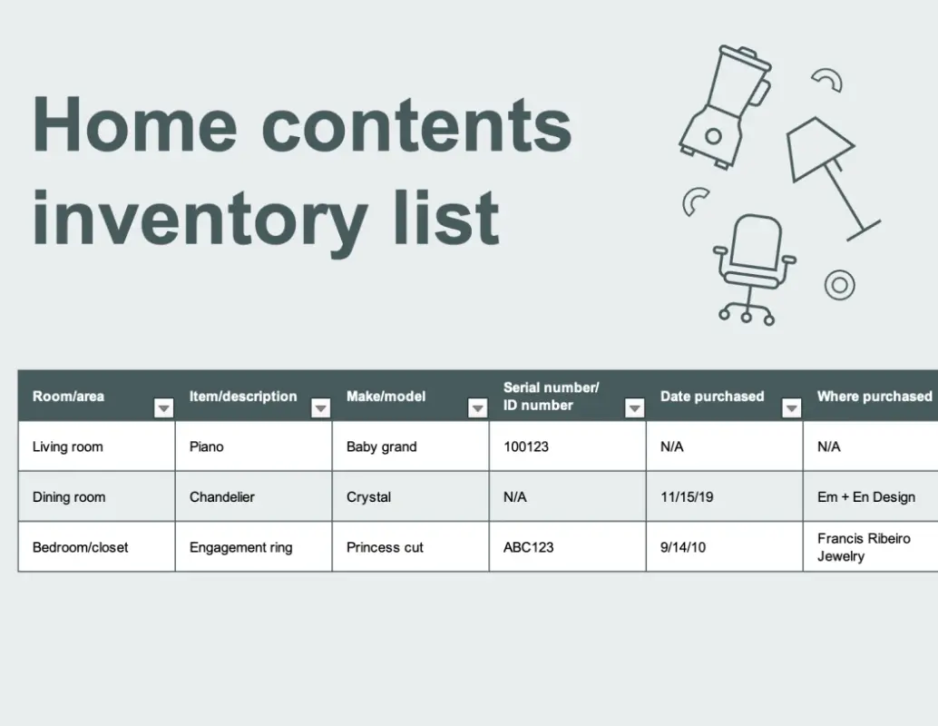 Home contents inventory list blue modern simple