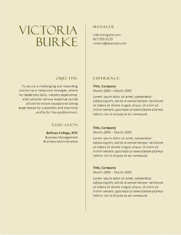 Classic food service resume yellow vintage
