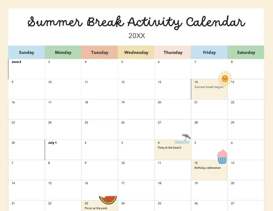 Summer break calendar blue modern-simple