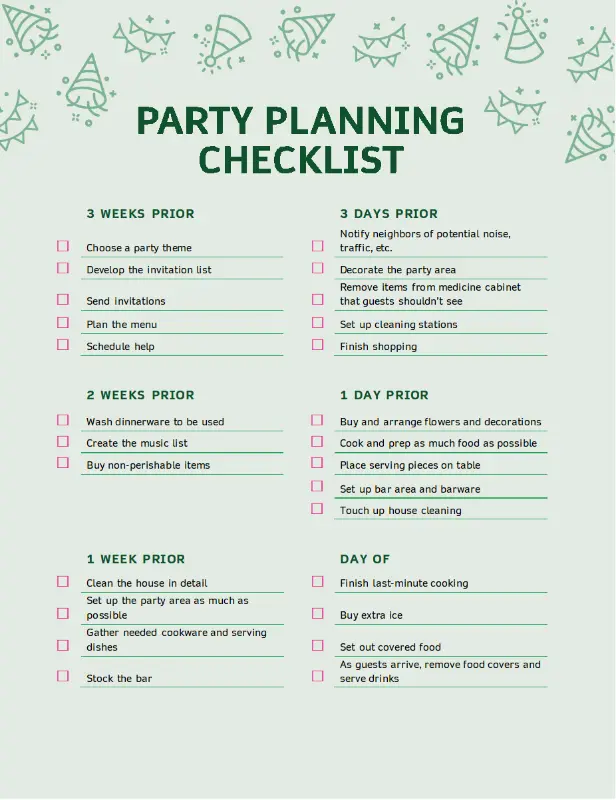 Party planning checklist green modern simple