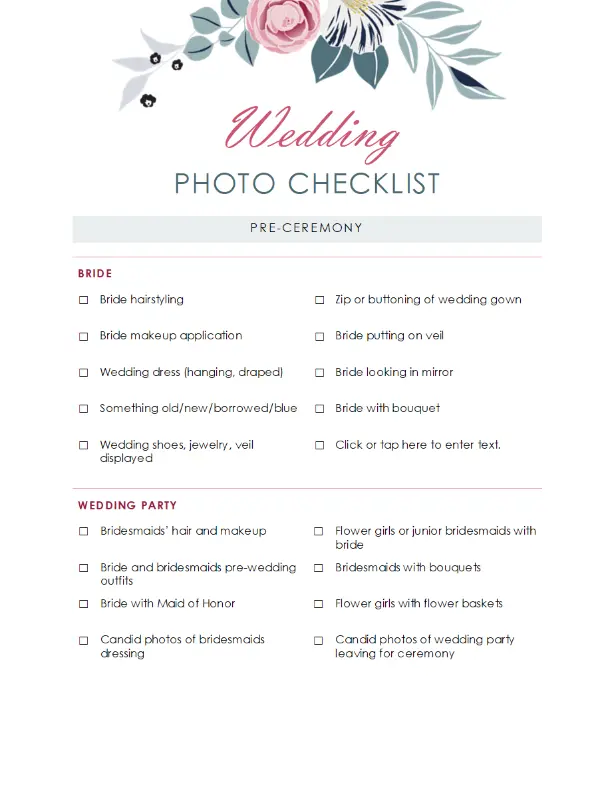 Wedding photo checklist pink organic simple