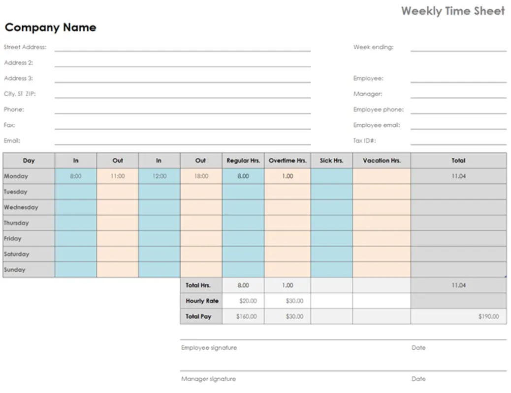 Weekly time sheet (8 1/2 x 11, landscape) modern simple