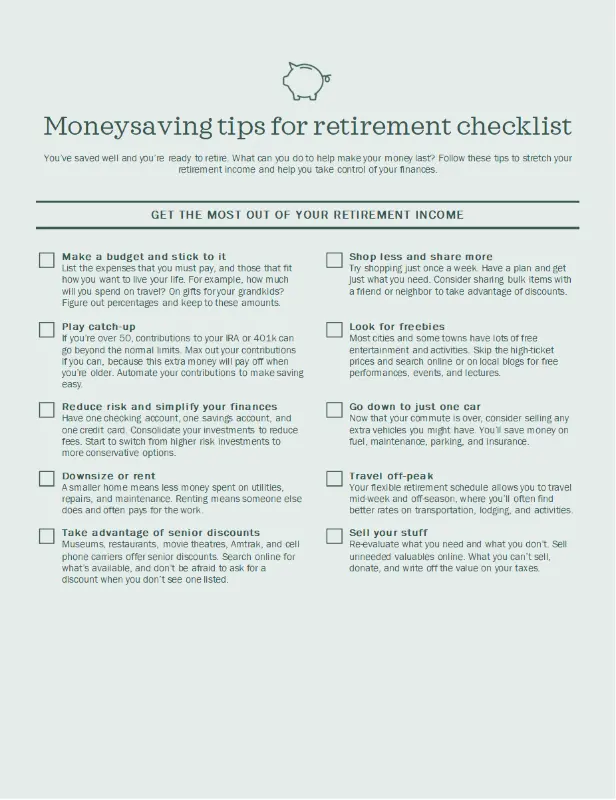 Money saving tips for retirement checklist green modern simple