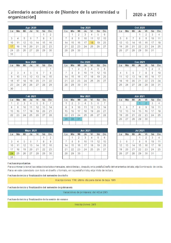 Calendario académico anual blue modern-simple