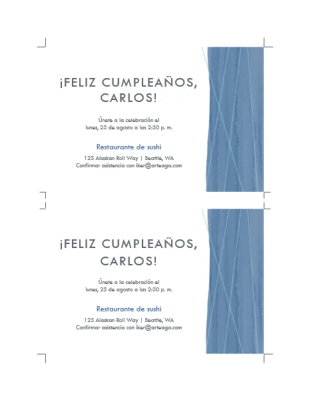 Invitaciones para fiesta con lazo azul (dos por página) organic simple