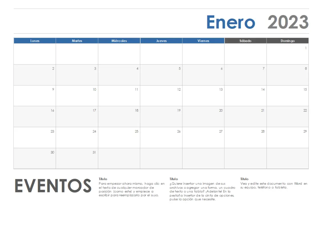 Calendario horizontal (inicio en lunes) blue modern-simple