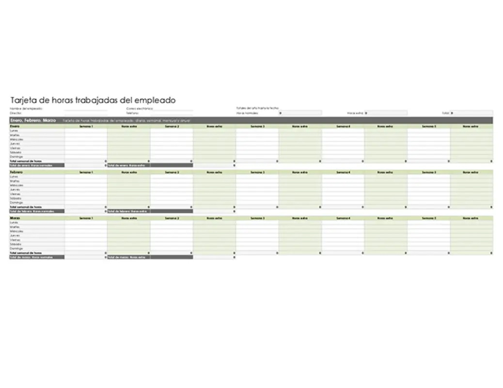 Tarjeta de horas trabajadas del empleado (diaria, semanal, mensual y anual) green modern simple