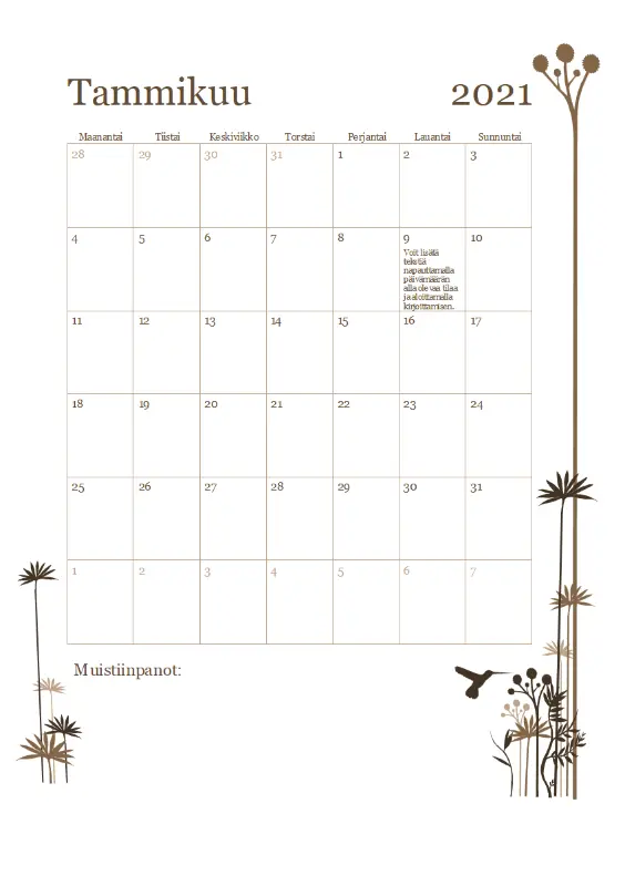 12 kuukauden Kolibri-kalenteri (ma–su) brown modern-simple