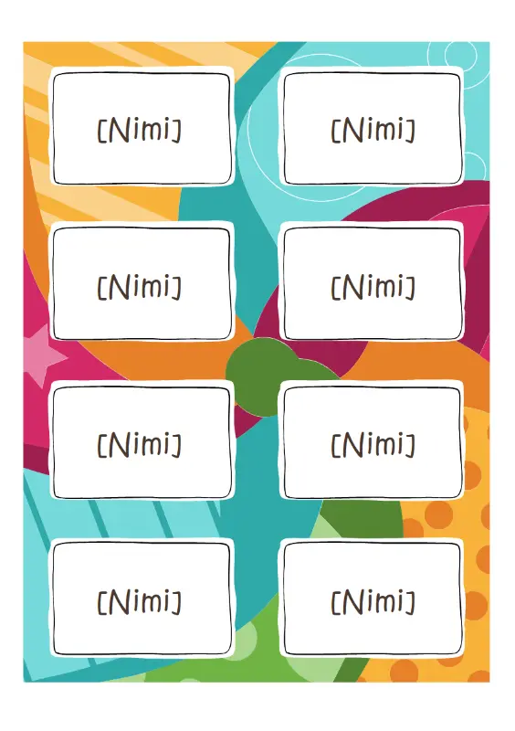 Nimilaput (värikäs, 8 yhdelle sivulle, yhteensopiva Avery 5395:n ja vastaavien kanssa) whimsical color block
