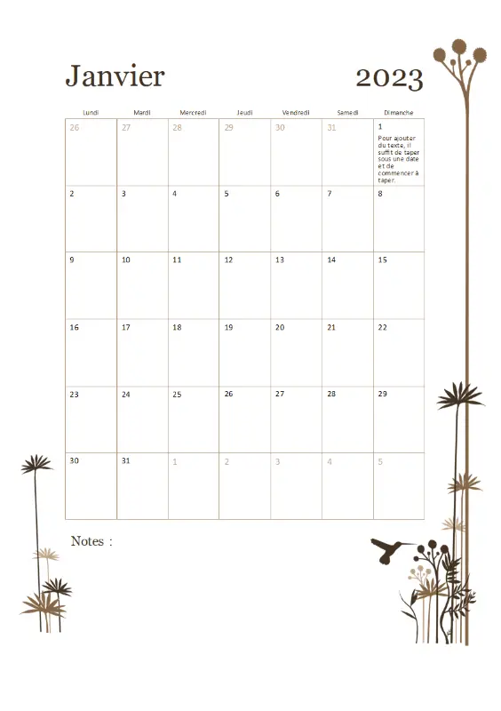 Calendrier sur 12 mois avec illustration colibris (lun. – dim.) brown modern-simple