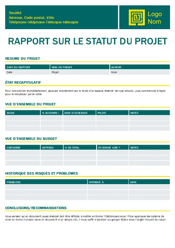 Rapport de statut de projet (création intemporelle) green modern simple