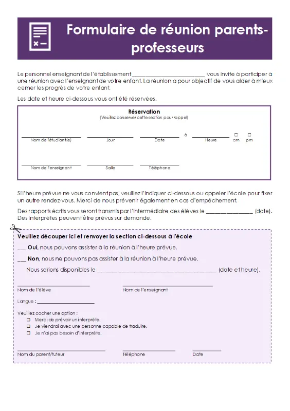Formulaire Réunion parents-professeurs purple modern simple