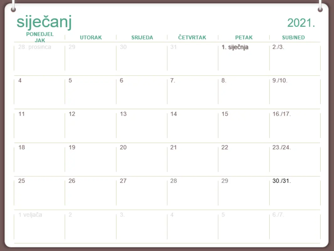 Klasični zidni kalendar (od pon. do ned., dizajn s dva prstena) green modern-simple