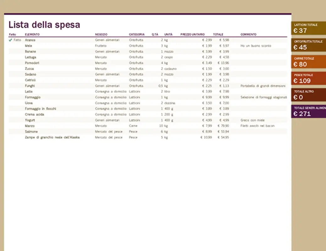 Lista della spesa (con totali per categoria) brown modern simple