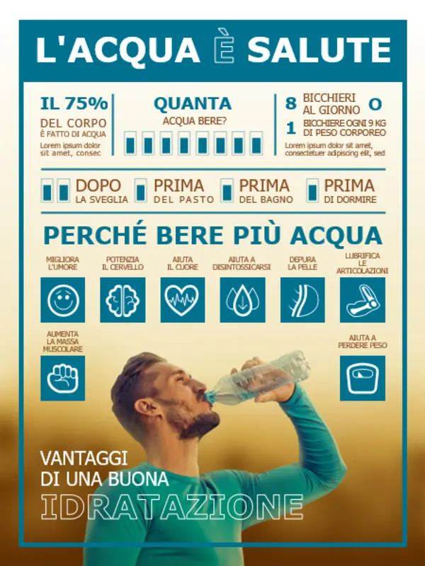 Poster con infografica sull’assunzione di acqua blue modern-simple