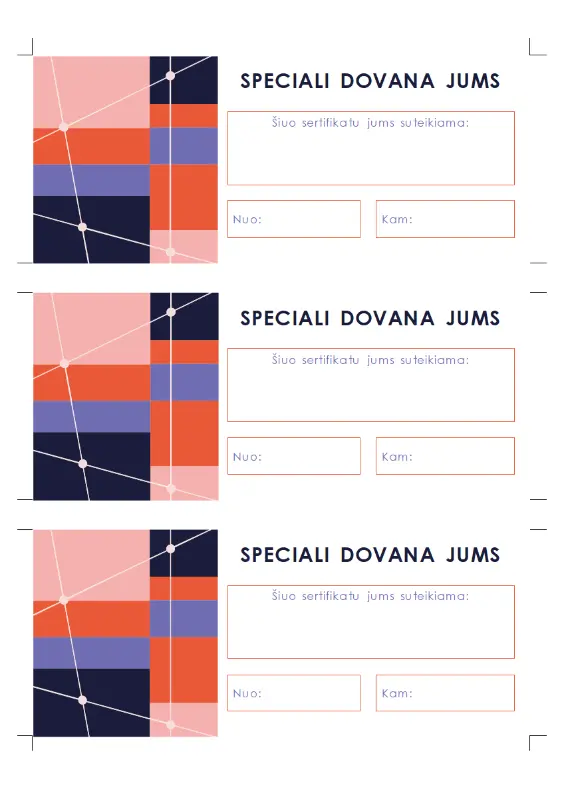 Dovanų sertifikatai (trys viename puslapyje) blue modern-color-block