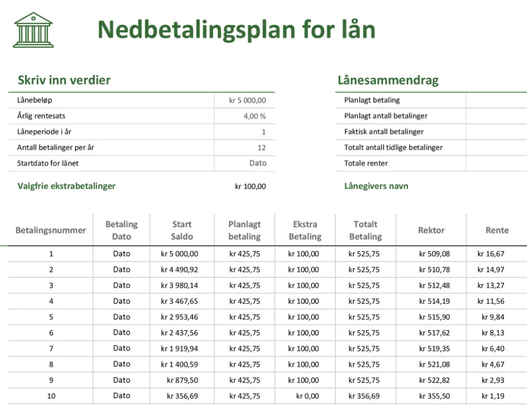Nedbetalingsplan for lån green modern-simple