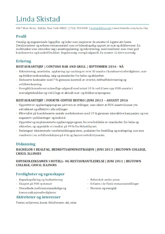 CV for Restaurantsjef blue modern-simple