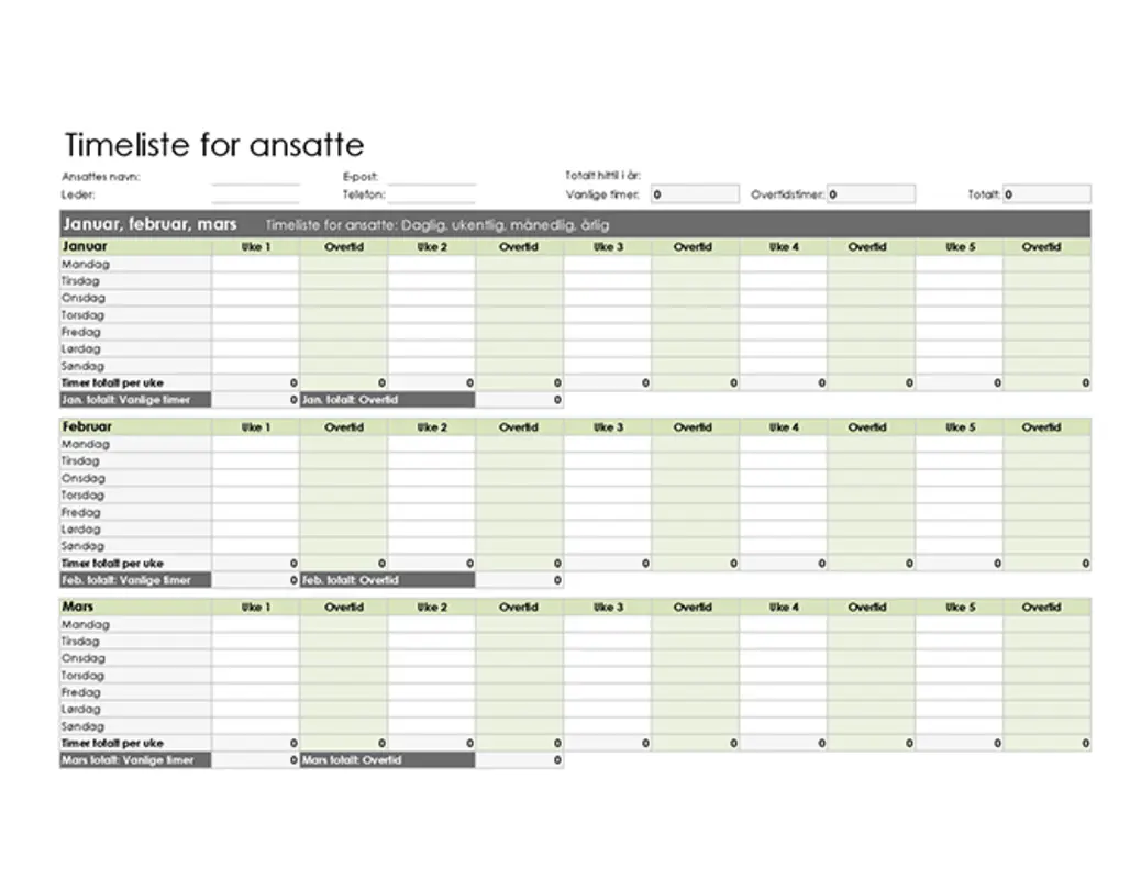 Timeliste for ansatte (daglig, ukentlig, månedlig og årlig) green modern simple